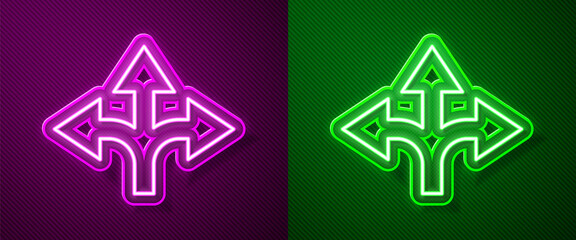 Glowing neon line Road traffic sign. Signpost icon isolated on purple and green background. Pointer symbol. Isolated street information sign. Direction sign. Vector Illustration.