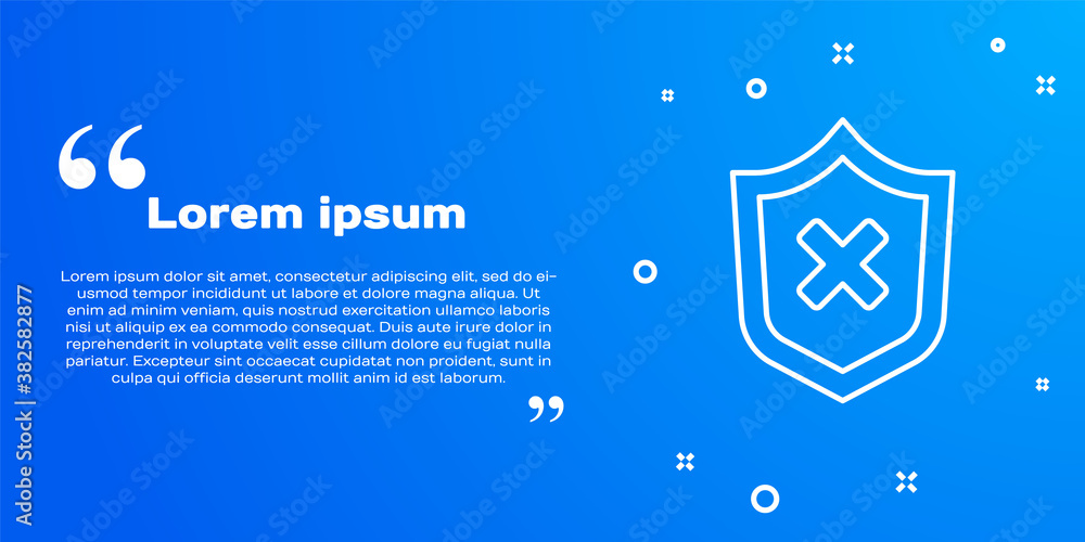 Poster white line shield with cross mark icon isolated on blue background. shield and rejected. notice of r