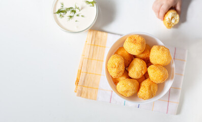 Flat lay homemade ricotta cheese balls donuts