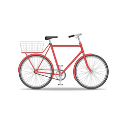 Fototapeta premium City old bike with a basket on the trunk isolated on white background, red bicycle realistic 3d model vector illustration, environmentally friendly transport.