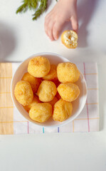 Flat lay small homemade ricotta cheese balls donuts