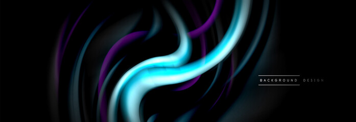 Dynamic motion abstract background. Color blurred stripes on black. Wave liquid lines poster. Vector illustration