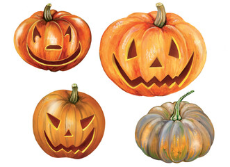 watercolor illustration of 4 pumpkins for hallowen. Handmade on white background.