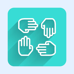 White line Project team base icon isolated with long shadow. Business analysis and planning, consulting, team work, project management. Developers. Green square button. Vector.