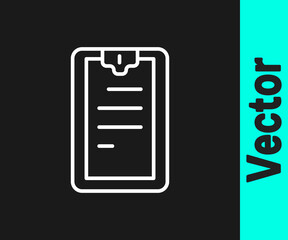 White line Clipboard with checklist icon isolated on black background. Control list symbol. Survey poll or questionnaire feedback form. Vector.