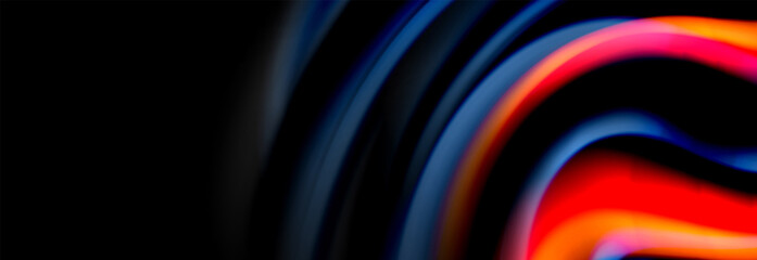 Dynamic motion abstract background. Color blurred stripes on black. Wave liquid lines poster. Vector illustration