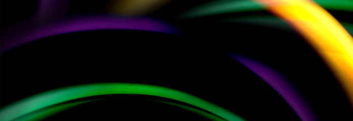 Dynamic motion abstract background. Color blurred stripes on black. Wave liquid lines poster. Vector illustration