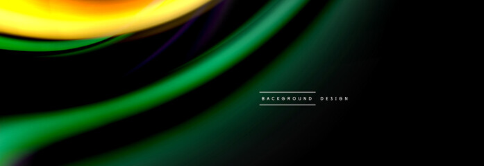 Dynamic motion abstract background. Color blurred stripes on black. Wave liquid lines poster. Vector illustration