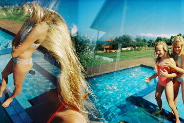 teen girls at pool film double exposure