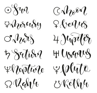 Planet lettering and sign in hindu astrology. Vector illustration with doodle black sketch isolated on white background. Mars, Venus, Mercury, Moon, Sun, Jupiter, Saturn, Pluto, Uranus, Neptune, Rahy