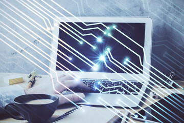 Double exposure of data internet theme hologram with man working on computer on background. Concept of innovation.