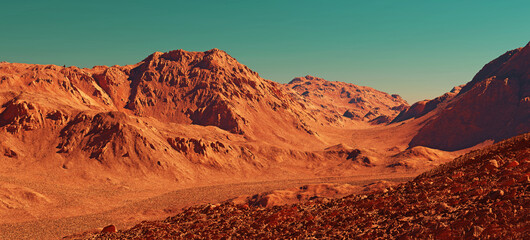 Naklejka na ściany i meble Mars landscape, 3d render of imaginary mars planet terrain, science fiction illustration.