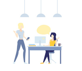 girl at computer speaking with colleague