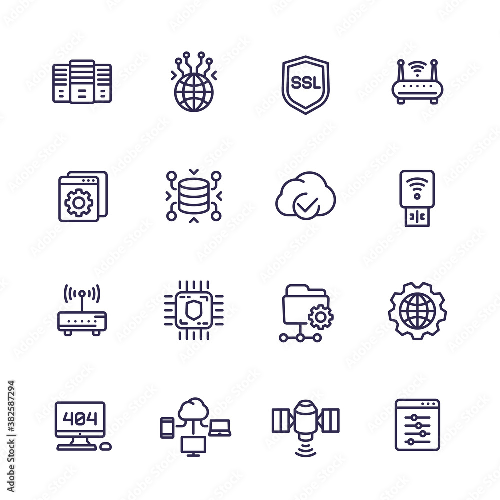 Poster servers, network and hosting line icons set