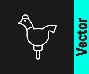 White line Candy cockerel lollipop on a stick icon isolated on black background. Vector.