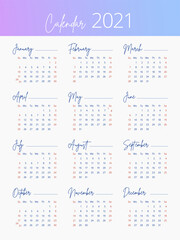 2021 calendar in English. Week starts on Sunday. Vertical web, poster, banner, card stock illustration