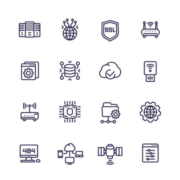 servers, network and hosting line icons set