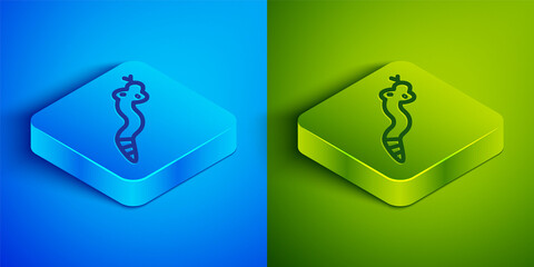 Isometric line Snake icon isolated on blue and green background. Square button. Vector.