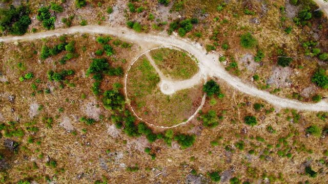 The old symbolic megalithic stone landmark in a perfect circle in Leśno, Chojnice County Poland -aerial
