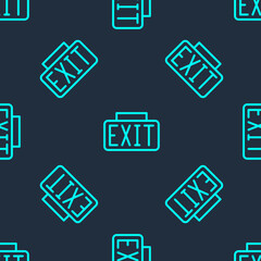 Green line Exit icon isolated seamless pattern on blue background. Fire emergency icon. Vector.