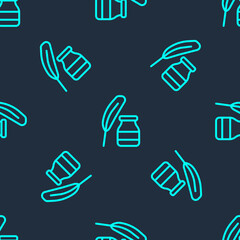Green line Feather and inkwell icon isolated seamless pattern on blue background. Vector.
