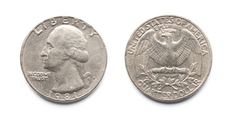 An old quarter dollar coin isolated on white background