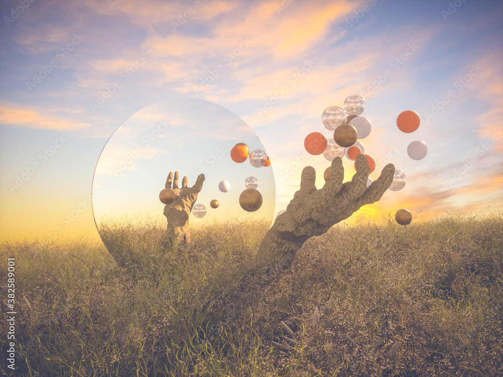 Aufkleber Abstract Halloween background with zombie hands and balls on autumn field. 3d render.