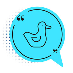 Black line Rubber duck icon isolated on white background. Blue speech bubble symbol. Vector.