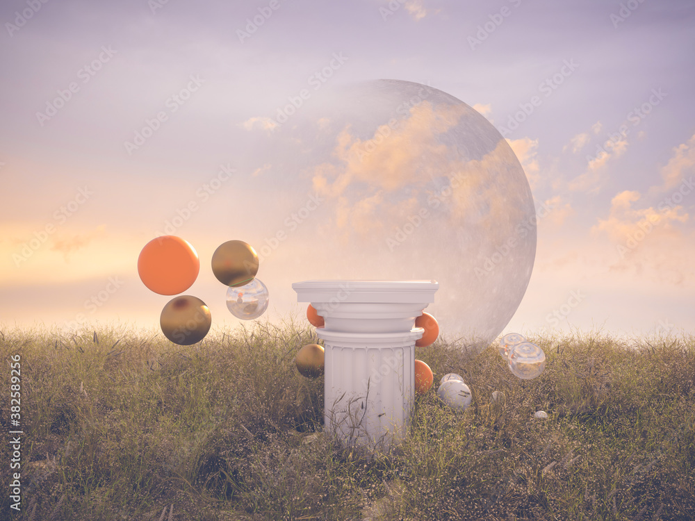 Aufkleber abstract halloween background with pillar and balls on autumn field. 3d render.