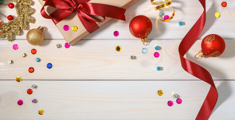 Christmas or New Year composition, background with gold Christmas decorations
