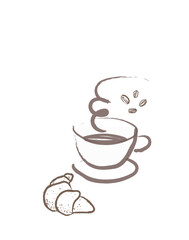 cup of coffee with croissant and coffee beans