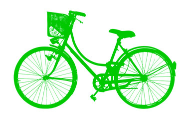 Green silhouette of old female bicycle with basket on white back