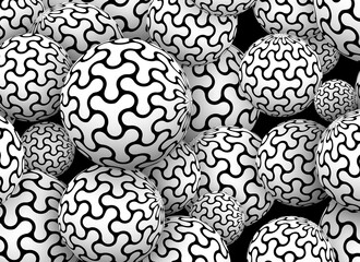 Abstract background 3D, many spheres with interesting pattern, grey vector design.
