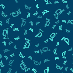 Green line Trumpet icon isolated seamless pattern on blue background. Musical instrument trumpet. Vector.