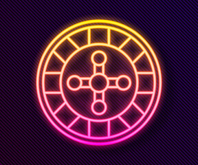Glowing neon line Casino roulette wheel icon isolated on black background. Vector.