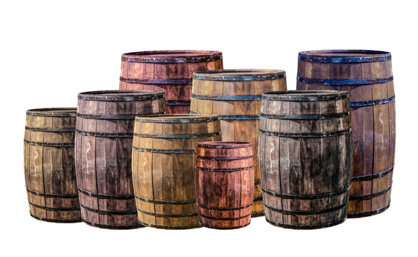 barrel group dark brown and gray set large and small stands vertical for winemaking