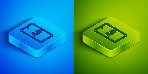 Isometric line Advertising icon isolated on blue and green background. Concept of marketing and promotion process. Responsive ads. Social media advertising. Square button. Vector.