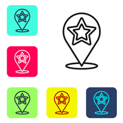 Black line Map pointer with star icon isolated on white background. Star favorite pin map icon. Map markers. Set icons in color square buttons. Vector.
