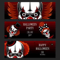 Set of banners for halloween. Vector images of terrible, evil clowns.
