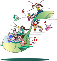 音楽を楽しむ音符の乗り物に乗った家族