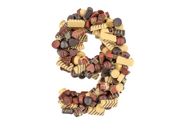 Number 9 from chocolate candies. 3D rendering