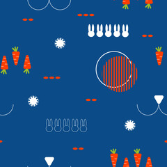 Rabbits and carrots in geometric seamless pattern. Cute vector illustration. Concept design for wallpaper, decorate, web banner, greeting card and etc.