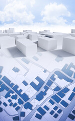 Cityscape and residential building over an imaginary city map of territory with buildings and roads - 3D rendering
