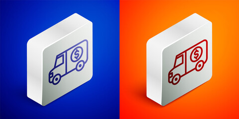 Isometric line Armored truck icon isolated on blue and orange background. Silver square button. Vector.