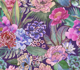Tropical pattern with Asian flowers. Background painted in watercolor with leaves and flowers.