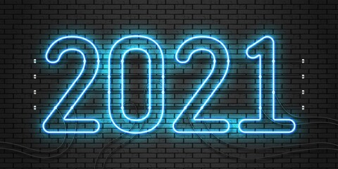 2021 neon text. Happy 2021 new year neon banner. Vector Illustration.