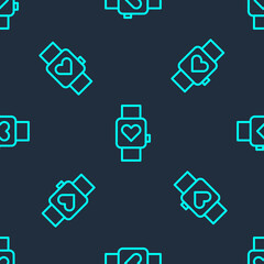 Green line Smart watch showing heart beat rate icon isolated seamless pattern on blue background. Fitness App concept. Vector.