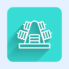 White line Metal rack with additional weights for barbell icon isolated with long shadow. Bodybuilding, fitness, sport, healthy lifestyle concept. Green square button. Vector.