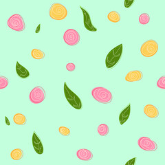 Flowers and leaves hand drawn seamless pattern. Creative vector illustration. Concept for background