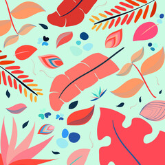 Creative tropical leaves vector in modern art style. Blue and orange illustration. Concept for background, banner, poster, greeting card.